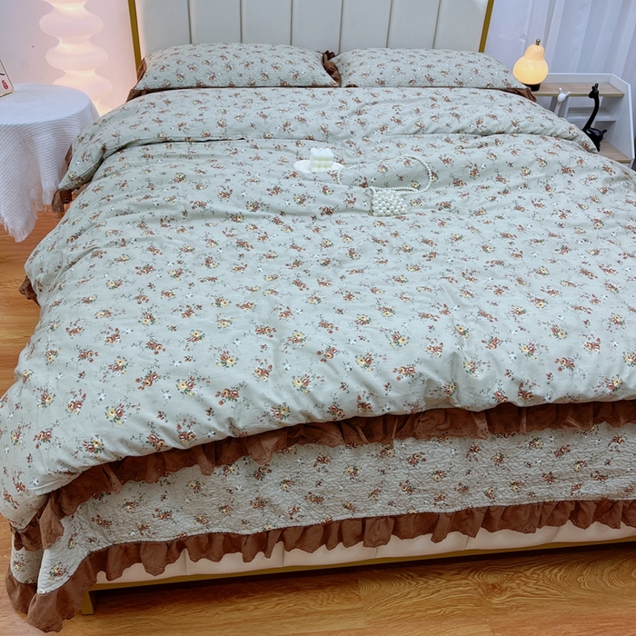 91家纺网 家纺一手货源 找家纺 暖居 2024新款砂洗棉花被套全棉床盖四件套绗缝夹棉纯棉床盖三件套 浅咖