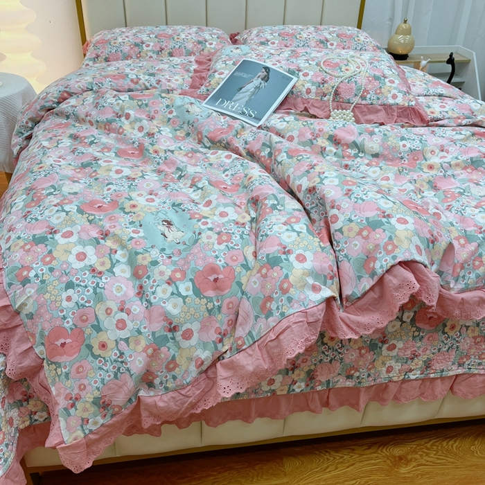 91家纺网 家纺一手货源 找家纺 暖居 2024新款砂洗棉花被套全棉床盖四件套绗缝夹棉纯棉床盖三件套 安娜公主