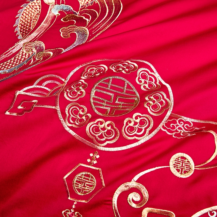 91家纺网 家纺一手货源 找家纺 晶缦家纺 2024纯棉全棉60支贡缎长绒棉刺绣花婚庆四件套--绣花贴边床单款 龙凤双喜