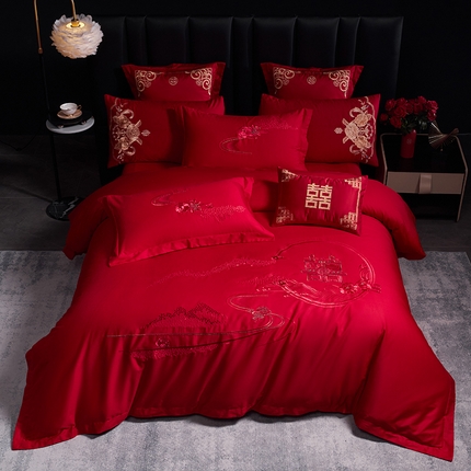 千禧家纺 2025新款全棉13372婚庆绣花系列 满心欢喜（本色绣）