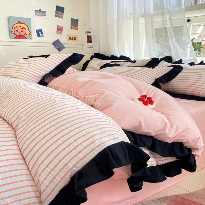 91家纺网 家纺一手货源 找家纺 泉欣家纺 2024新品韩式公主风小香风毛巾绣花四件套-黑茶 黑茶-粉玉