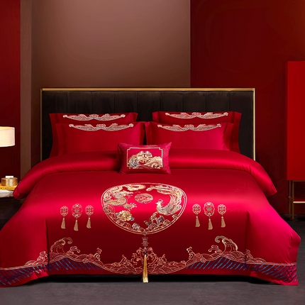 91家纺网 家纺一手货源 找家纺 晶缦家纺 2024纯棉全棉60支贡缎长绒棉刺绣花婚庆四件套--绣花贴边床单款 龙凤呈祥