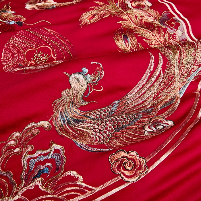 91家纺网 家纺一手货源 找家纺 晶缦家纺 2024纯棉全棉60支贡缎长绒棉刺绣花婚庆四件套--绣花贴边床单款 龙凤呈祥