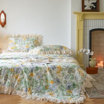 91家纺网 家纺一手货源 找家纺 菊上 2024新款纯棉夏被-双层蕾丝法式印花款 黛绿