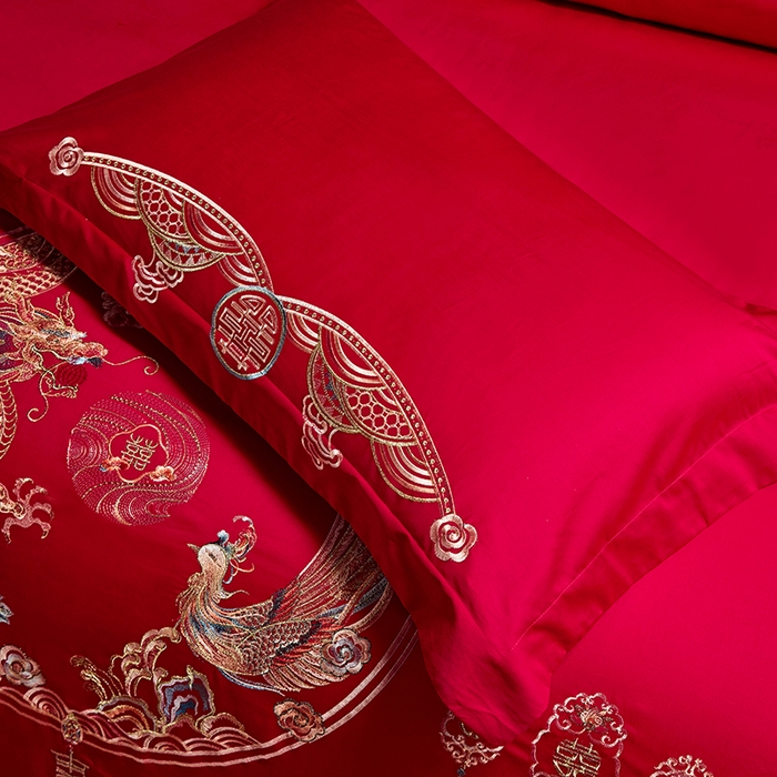 91家纺网 家纺一手货源 找家纺 晶缦家纺 2024纯棉全棉60支贡缎长绒棉刺绣花婚庆四件套--绣花贴边床单款 龙凤呈祥