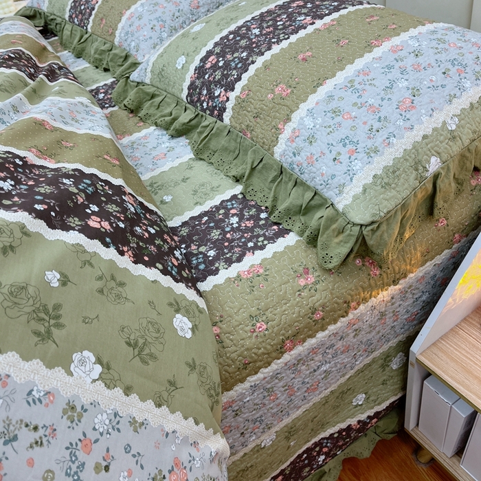 91家纺网 家纺一手货源 找家纺 暖居 2024新款砂洗棉花被套全棉床盖四件套绗缝夹棉纯棉床盖三件套 荷塘月色