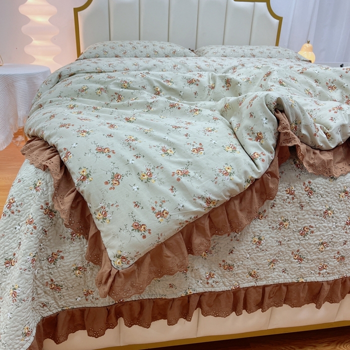 91家纺网 家纺一手货源 找家纺 暖居 2024新款砂洗棉花被套全棉床盖四件套绗缝夹棉纯棉床盖三件套 浅咖