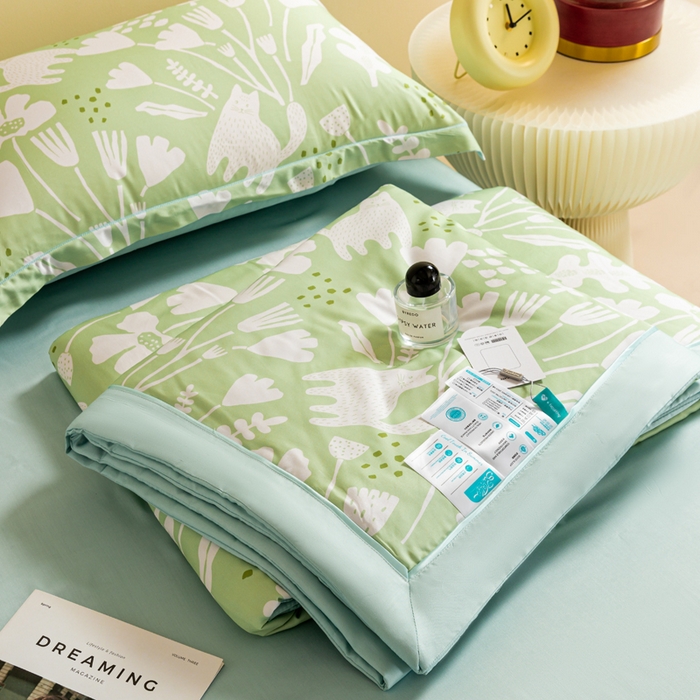 91家纺网 家纺一手货源 找家纺 2024新A类40S天丝莫代尔夏被四件套竹纤维凉感空调被卡通儿童夏凉被被子被芯摩卡猫-绿