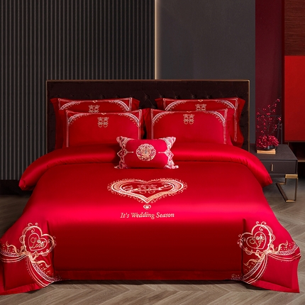 晶缦家纺 2024纯棉全棉60支贡缎长绒棉刺绣花婚庆四件套--普通贴边床单款 千禧爱恋
