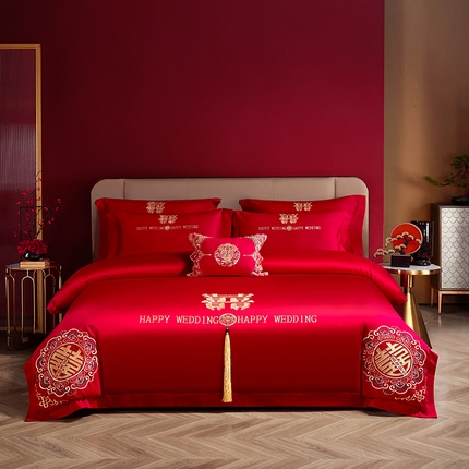 91家纺网 家纺一手货源 找家纺 晶缦家纺 2024喷气全棉13376纯棉刺绣花婚庆四件套系列 百年好合