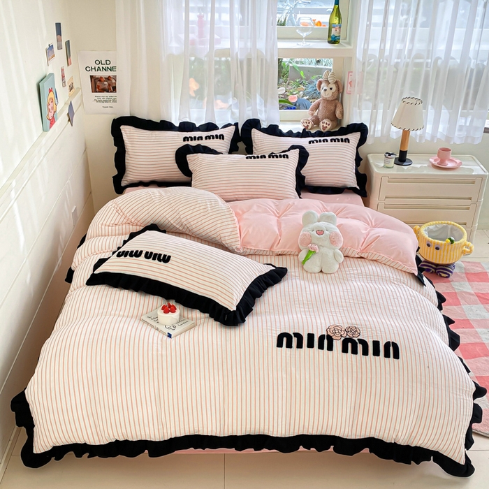 91家纺网 家纺一手货源 找家纺 泉欣家纺 2024新品韩式公主风小香风毛巾绣花四件套-黑茶 黑茶-粉玉