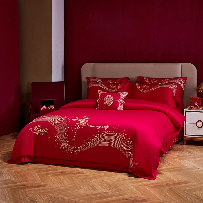 91家纺网 家纺一手货源 找家纺 晶缦家纺 2024纯棉全棉60支贡缎长绒棉刺绣花婚庆四件套--绣花贴边床单款 心心相印