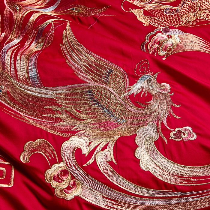 91家纺网 家纺一手货源 找家纺 晶缦家纺 2024纯棉全棉60支贡缎长绒棉刺绣花婚庆四件套--绣花贴边床单款 龙凤双喜