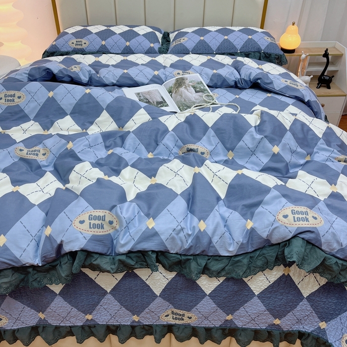 91家纺网 家纺一手货源 找家纺 暖居 2024新款砂洗棉花被套全棉床盖四件套绗缝夹棉纯棉床盖三件套 菱格蓝