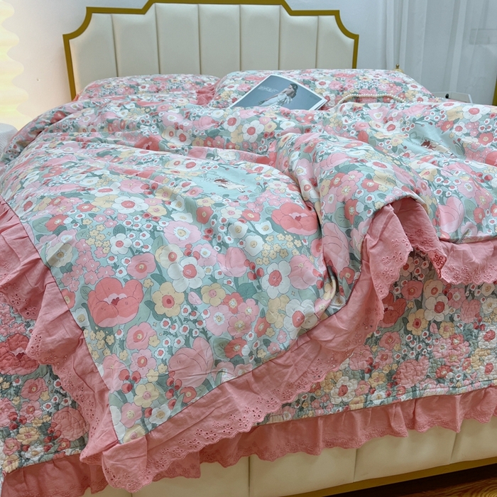 91家纺网 家纺一手货源 找家纺 暖居 2024新款砂洗棉花被套全棉床盖四件套绗缝夹棉纯棉床盖三件套 安娜公主