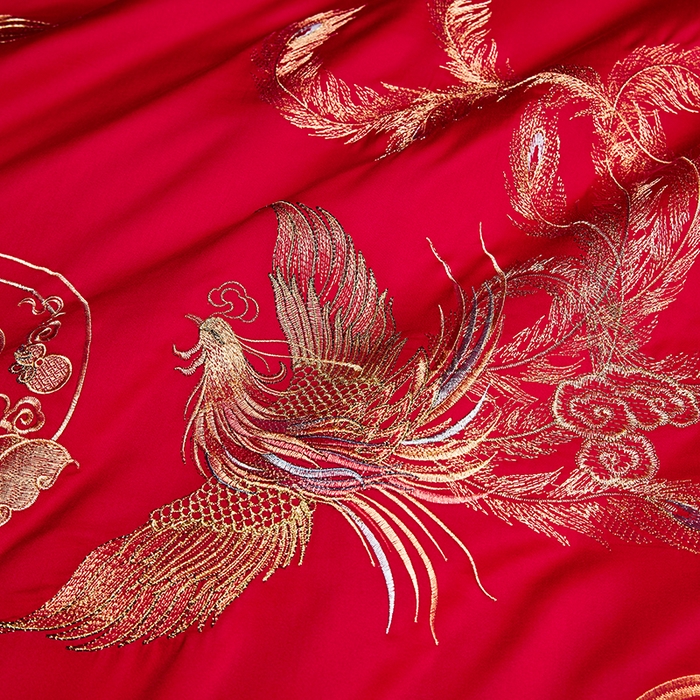 91家纺网 家纺一手货源 找家纺 晶缦家纺 2024纯棉全棉60支贡缎长绒棉刺绣花婚庆四件套--绣花贴边床单款 龙凤祥和