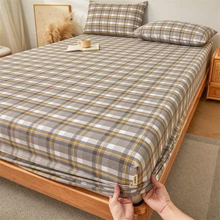 居眠 2024新款A类全棉老粗布印花单品床笠 海潮格 咖