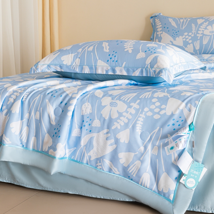 91家纺网 家纺一手货源 找家纺 2024新A类40S天丝莫代尔夏被四件套竹纤维凉感空调被卡通儿童夏凉被被子被芯摩卡猫-蓝