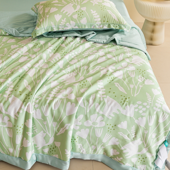 91家纺网 家纺一手货源 找家纺 2024新A类40S天丝莫代尔夏被四件套竹纤维凉感空调被卡通儿童夏凉被被子被芯摩卡猫-绿