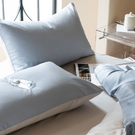 91家纺网 家纺一手货源 找家纺 佳汐蓝 2024新款AB版高支高密莱赛尔兰精天丝柔系列 单枕套 实拍图 柔-极光蓝+椰子灰