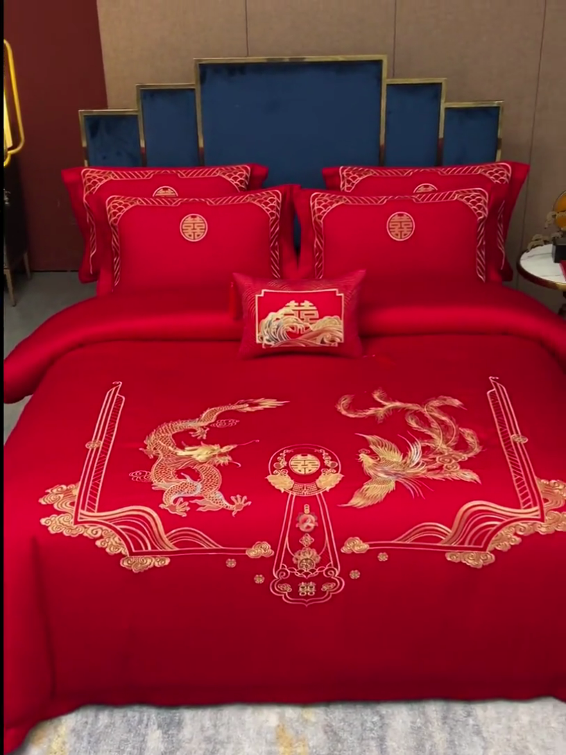 91家纺网 家纺一手货源 找家纺 晶缦家纺 2024纯棉全棉60支贡缎长绒棉刺绣花婚庆四件套--绣花贴边床单款 龙凤祥和