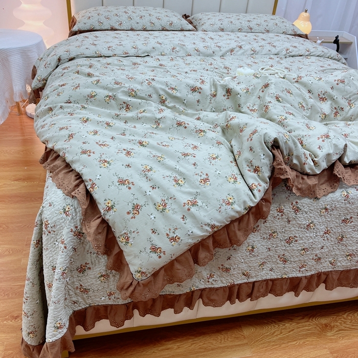 91家纺网 家纺一手货源 找家纺 暖居 2024新款砂洗棉花被套全棉床盖四件套绗缝夹棉纯棉床盖三件套 浅咖