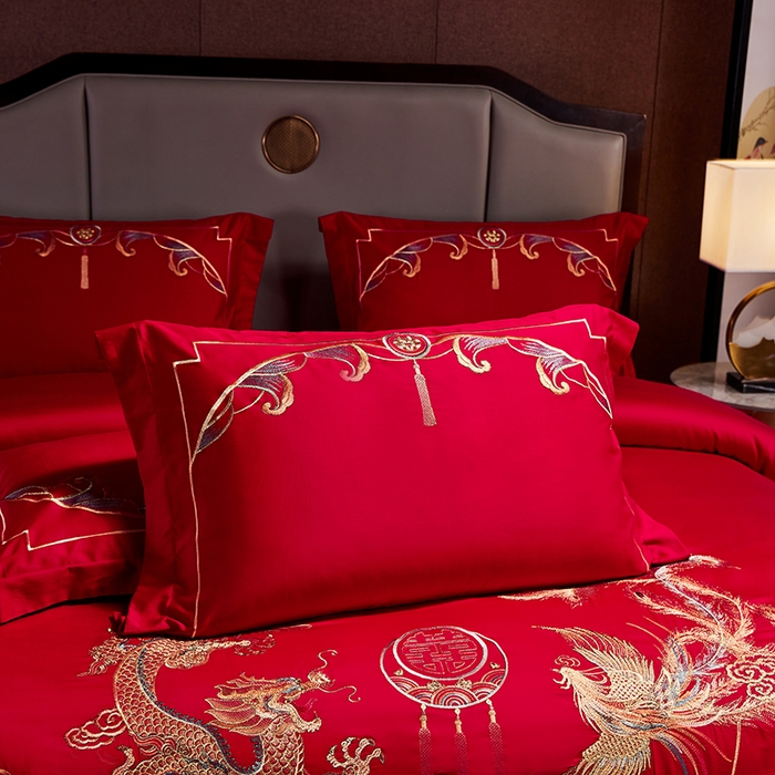 91家纺网 家纺一手货源 找家纺 晶缦家纺 2024纯棉全棉60支贡缎长绒棉刺绣花婚庆四件套--绣花贴边床单款 锦绣龙凤