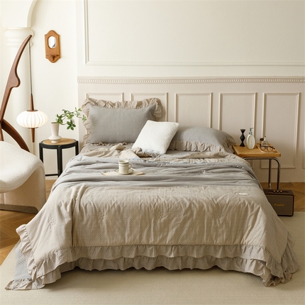 91家纺网 家纺一手货源 找家纺 有货 2024新款单层纱床盖夏被四件套-如意梅花 如意梅花-星灰