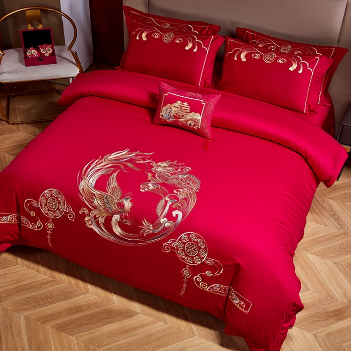 91家纺网 家纺一手货源 找家纺 晶缦家纺 2024纯棉全棉60支贡缎长绒棉刺绣花婚庆四件套--绣花贴边床单款 龙凤双喜