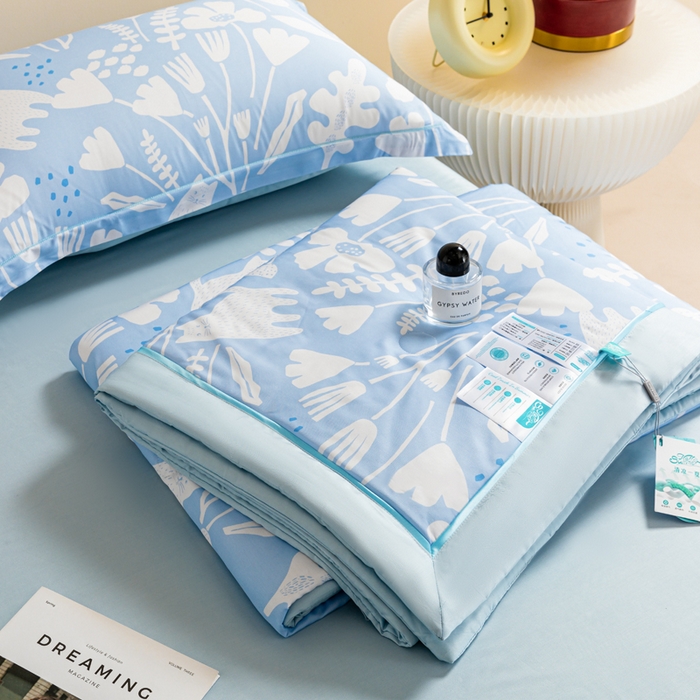 91家纺网 家纺一手货源 找家纺 2024新A类40S天丝莫代尔夏被四件套竹纤维凉感空调被卡通儿童夏凉被被子被芯摩卡猫-蓝