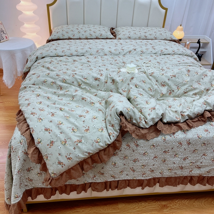 91家纺网 家纺一手货源 找家纺 暖居 2024新款砂洗棉花被套全棉床盖四件套绗缝夹棉纯棉床盖三件套 浅咖