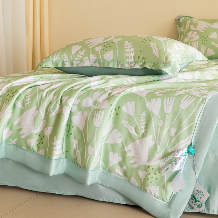 91家纺网 家纺一手货源 找家纺 2024新A类40S天丝莫代尔夏被四件套竹纤维凉感空调被卡通儿童夏凉被被子被芯摩卡猫-绿