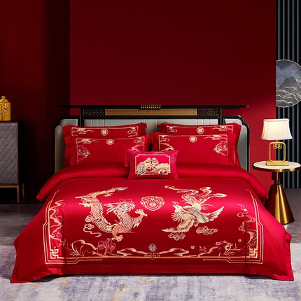 91家纺网 家纺一手货源 找家纺 晶缦家纺 2024纯棉全棉60支贡缎长绒棉刺绣花婚庆四件套--绣花贴边床单款 龙跃凤鸣