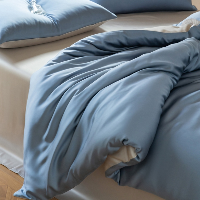 91家纺网 家纺一手货源 找家纺 佳汐蓝 2024新款AB版高支高密莱赛尔兰精天丝柔单被套 实拍图 柔-梵高蓝+椰子灰