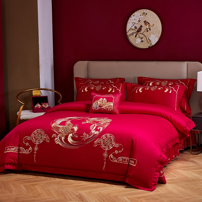 91家纺网 家纺一手货源 找家纺 晶缦家纺 2024纯棉全棉60支贡缎长绒棉刺绣花婚庆四件套--绣花贴边床单款 龙凤双喜