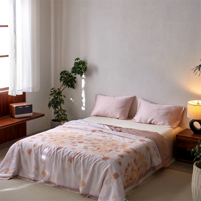 91家纺网 家纺一手货源 找家纺 安莱生活 2024新款莱赛尔天丝50支宽边工艺款单夏被被子被芯 叶暖