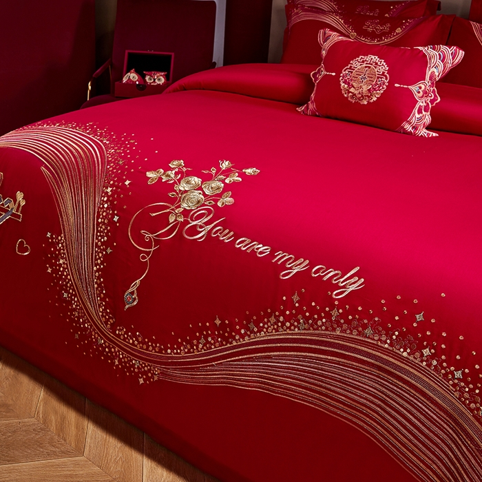 91家纺网 家纺一手货源 找家纺 晶缦家纺 2024纯棉全棉60支贡缎长绒棉刺绣花婚庆四件套--绣花贴边床单款 心心相印