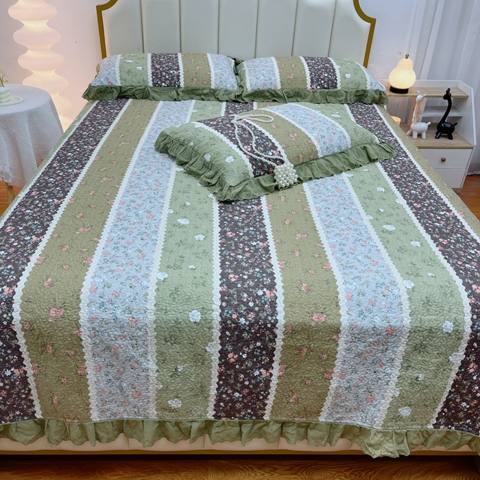 91家纺网 家纺一手货源 找家纺 暖居 2024新款砂洗棉花被套全棉床盖四件套绗缝夹棉纯棉床盖三件套 荷塘月色