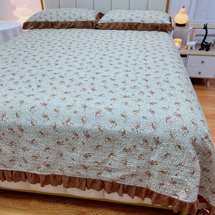 91家纺网 家纺一手货源 找家纺 暖居 2024新款砂洗棉花被套全棉床盖四件套绗缝夹棉纯棉床盖三件套 浅咖