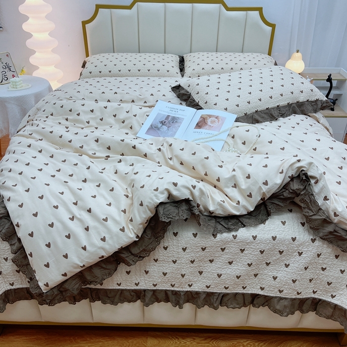 91家纺网 家纺一手货源 找家纺 暖居 2024新款砂洗棉花被套全棉床盖四件套绗缝夹棉纯棉床盖三件套 爱心卡