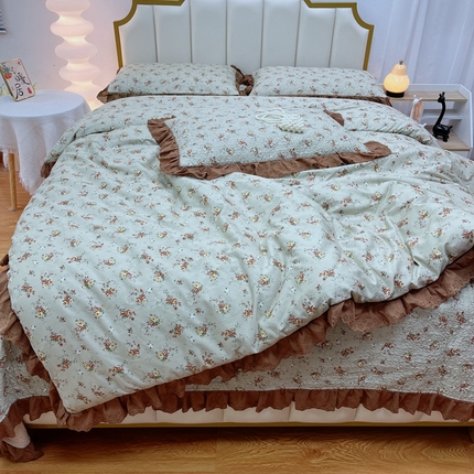 91家纺网 家纺一手货源 找家纺 暖居 2024新款砂洗棉花被套全棉床盖四件套绗缝夹棉纯棉床盖三件套 浅咖