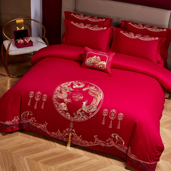 91家纺网 家纺一手货源 找家纺 晶缦家纺 2024纯棉全棉60支贡缎长绒棉刺绣花婚庆四件套--绣花贴边床单款 龙凤呈祥