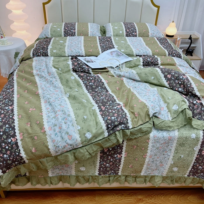 91家纺网 家纺一手货源 找家纺 暖居 2024新款砂洗棉花被套全棉床盖四件套绗缝夹棉纯棉床盖三件套 荷塘月色