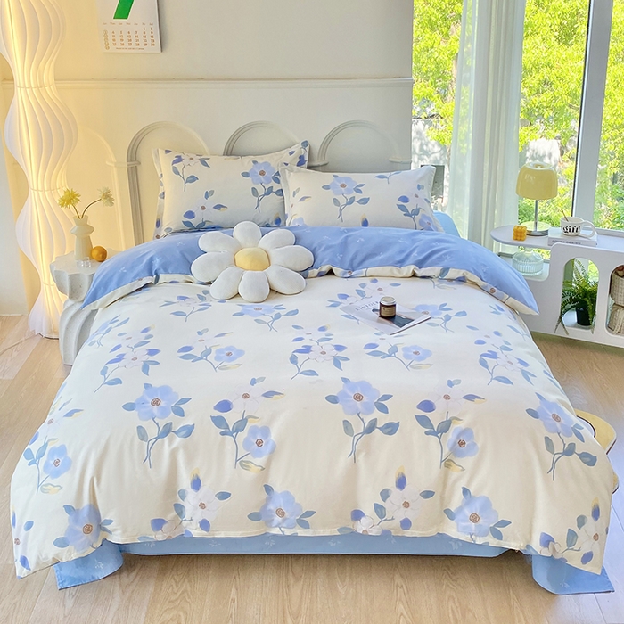 91家纺网 家纺一手货源 找家纺 珂博家纺 2024新款轻柔感全棉印花单品四件套系列-单床单单床笠 蓝色花海