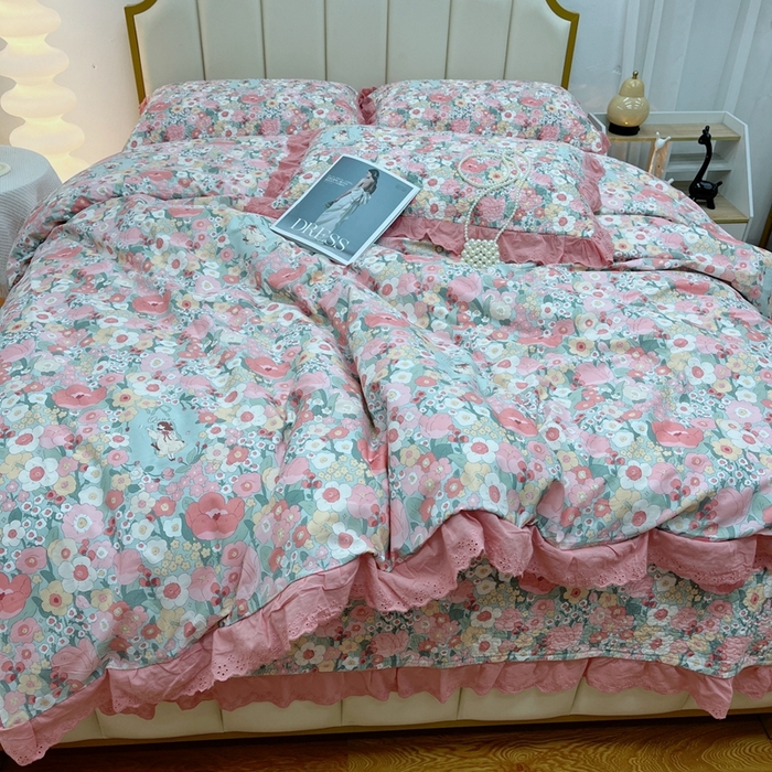 91家纺网 家纺一手货源 找家纺 暖居 2024新款砂洗棉花被套全棉床盖四件套绗缝夹棉纯棉床盖三件套 安娜公主