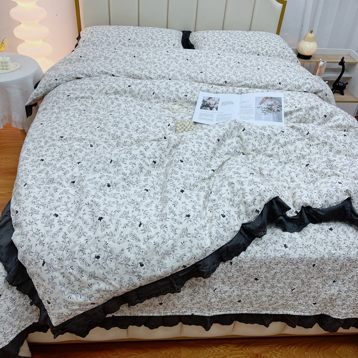 91家纺网 家纺一手货源 找家纺 暖居 2024新款砂洗棉花被套全棉床盖四件套绗缝夹棉纯棉床盖三件套 南法假日