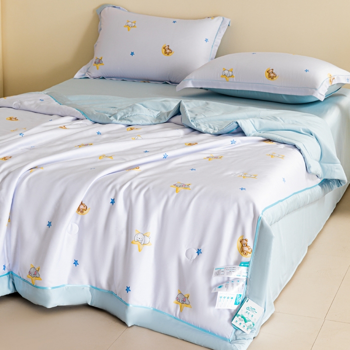 91家纺网 家纺一手货源 找家纺 2024新A类40S天丝莫代尔夏被四件套竹纤维凉感空调被卡通儿童夏凉被被子被芯星星点灯-蓝