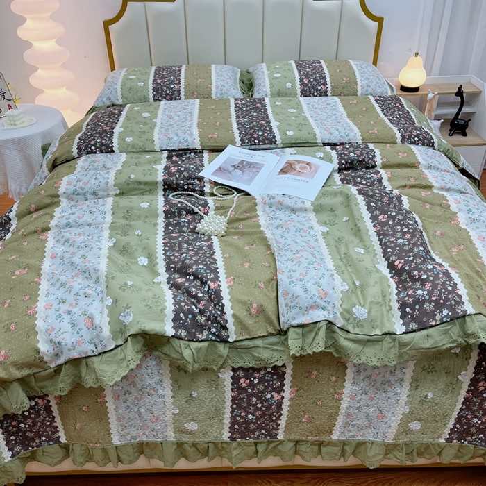 91家纺网 家纺一手货源 找家纺 暖居 2024新款砂洗棉花被套全棉床盖四件套绗缝夹棉纯棉床盖三件套 荷塘月色