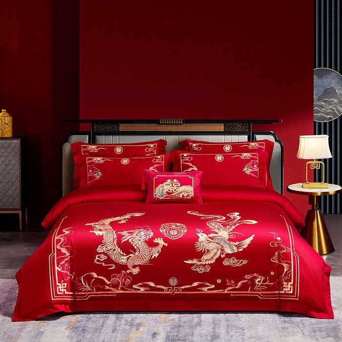 91家纺网 家纺一手货源 找家纺 晶缦家纺 2024纯棉全棉60支贡缎长绒棉刺绣花婚庆四件套--绣花贴边床单款 龙跃凤鸣