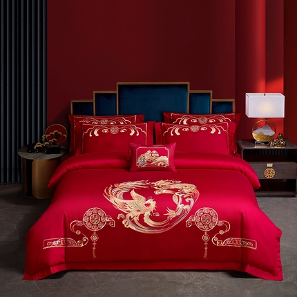 91家纺网 家纺一手货源 找家纺 晶缦家纺 2024纯棉全棉60支贡缎长绒棉刺绣花婚庆四件套--绣花贴边床单款 龙凤双喜